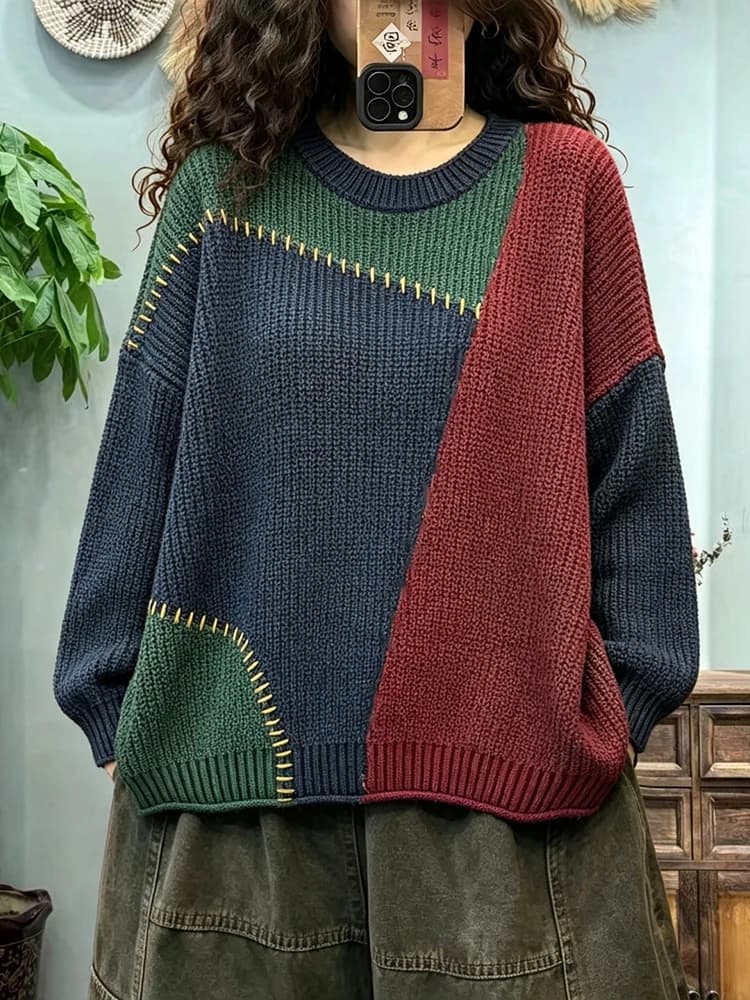 Amax LuluE Autumn Ladies Vintage Knitted Pullover Fashion Big Size Sweaters Womens Leisure Loose Embroidery Warm O Neck Jumpers