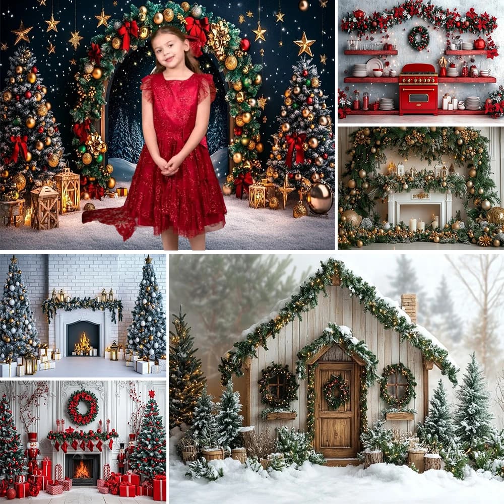 Christmas Photography Background Xmas Tree Window Snow Background Decoration Family Portrait Photo Background Studio Props