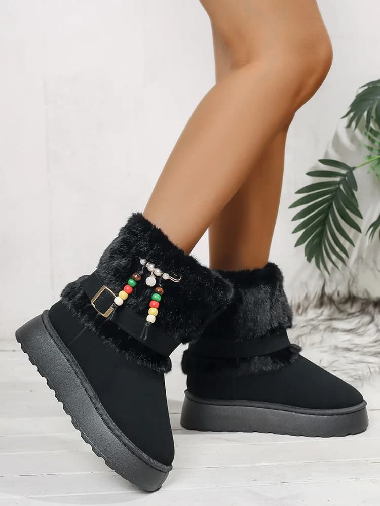 Women's Faux Fur Snow Boots 2025 Winter Comfort Thick Bottom Furry Ankle Boots Colored Beads Designer Shoes for Woman Size 43