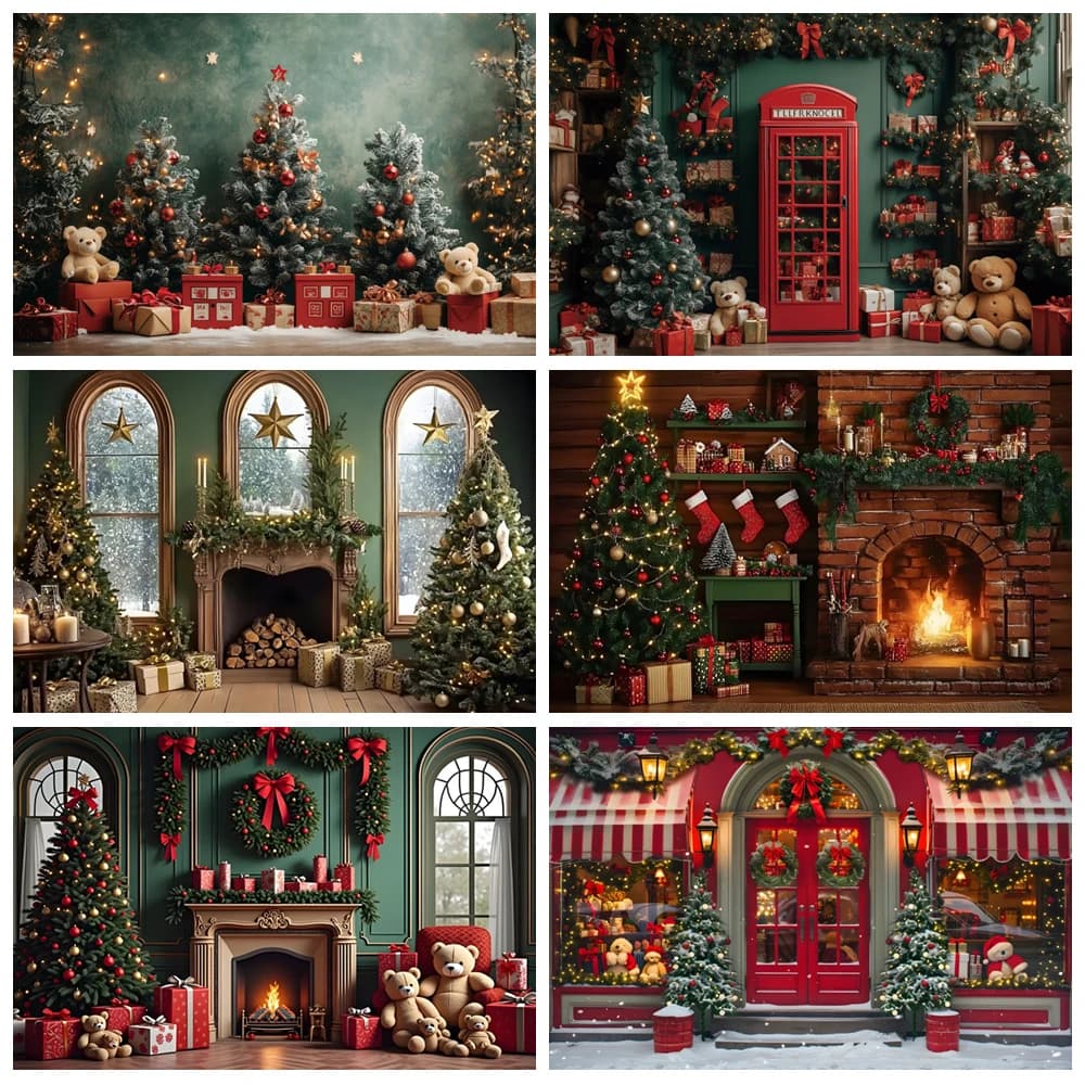 Retro Wooden Window Fireplace Christmas Photography Background Xmas Tree Wreath Kids Family Party Backdrop Photo Studio Props