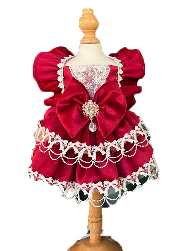 Retro Fine Fashion Autumn Winter Pet Dog Clothes Handmade Golden Velvet Cotton Lace Bow Party Dress For Small Medium Dog Outfits
