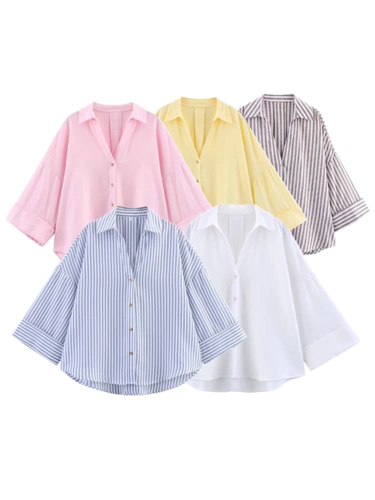 MUJER Striped Women's Shirt White Loose Casual Shirts for Women Summer Button up Shirts and Blouses Woman Wide Sleeve Ladies Top