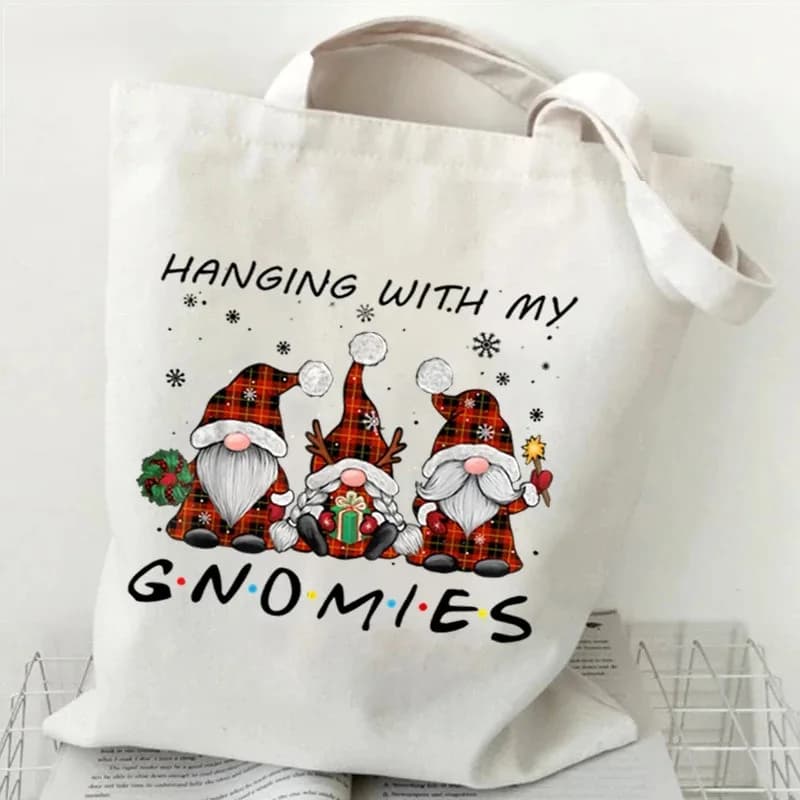 Festive Christmas Gnomes Print Tote Bag Eco Friendly Canvas Shoulder Bag Large Capacity for Holiday Shopping Travel Commute Gift