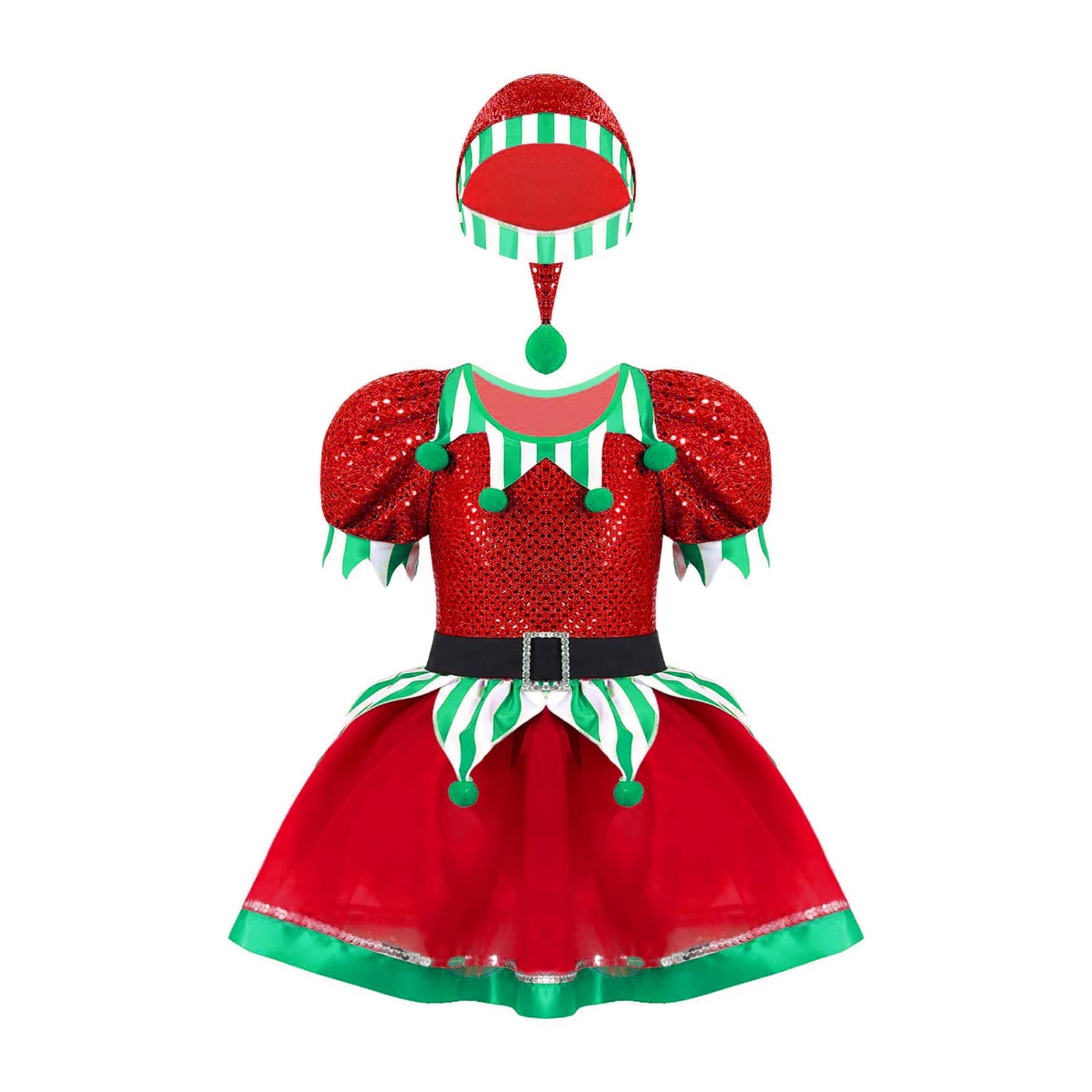 Kids Girls Christmas Elf Costume Shiny Sequins Christmas Dance Tutu Dress Stage Performance Santa Dance Costume