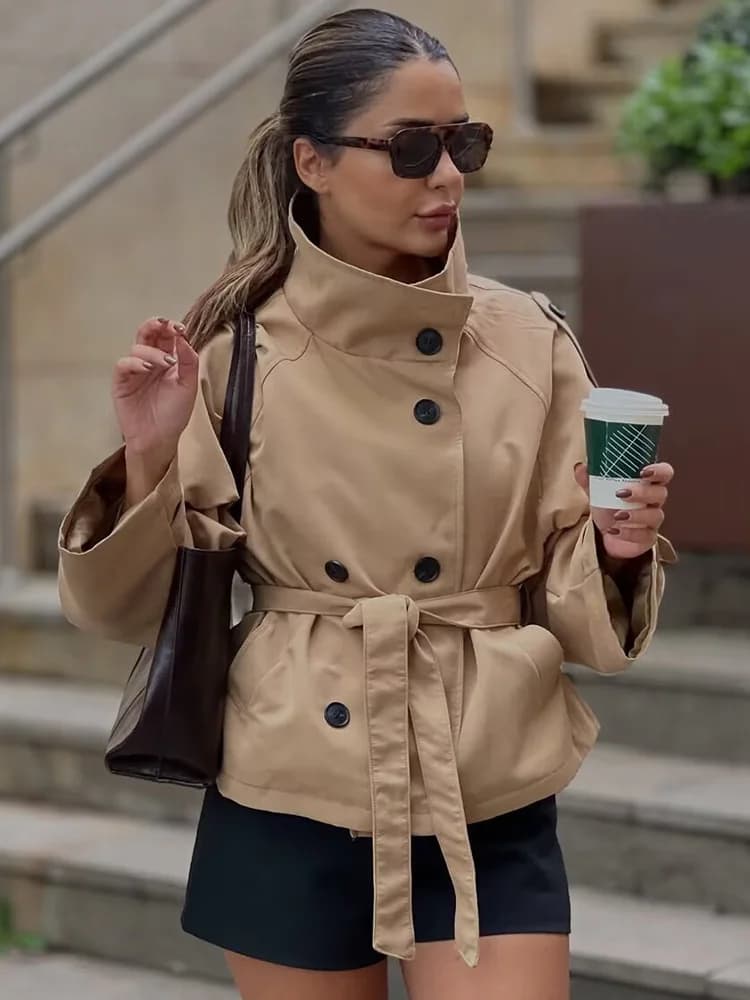 HH Women New Fashion Solid Pockets Double-breasted Lace-up Trench Coat Long Sleeve Women Autumn Casual Street Short Coat