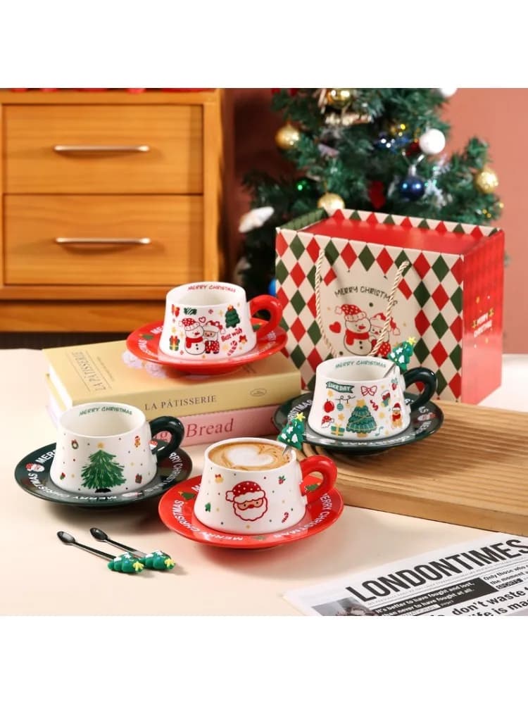 New Christmas Ceramic Coffee Cup and Dish Set, Household Ceramic Water Cup, Makeup Cup, Gift Box, Christmas Gift lijiao