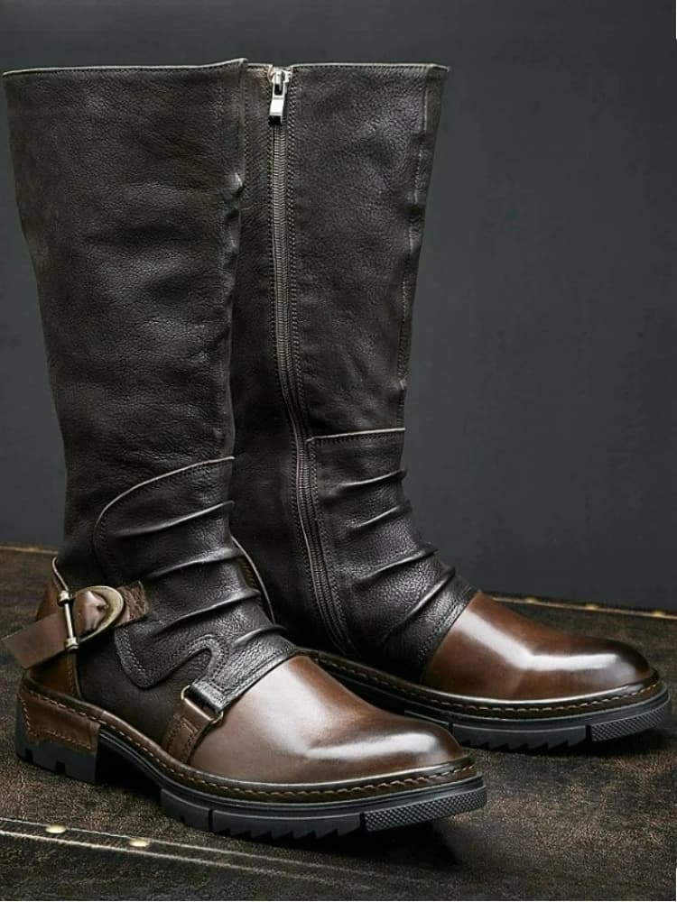 Men's Boots PU Leather Mid-Calf Boots Retro Outdoor Men Motorcycle Boots Zip Platform Cowboy Boot Designer Belt Buckle Long Boot