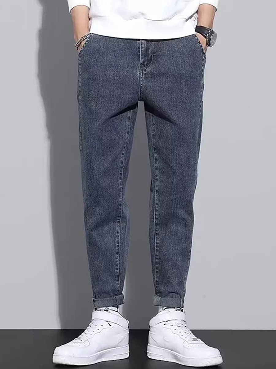 2025 Men's Slim Fit Denim Pants Spring Autumn Casual Fashion Leg Cinching Cropped Pants Blue Black Other Colors Choose From