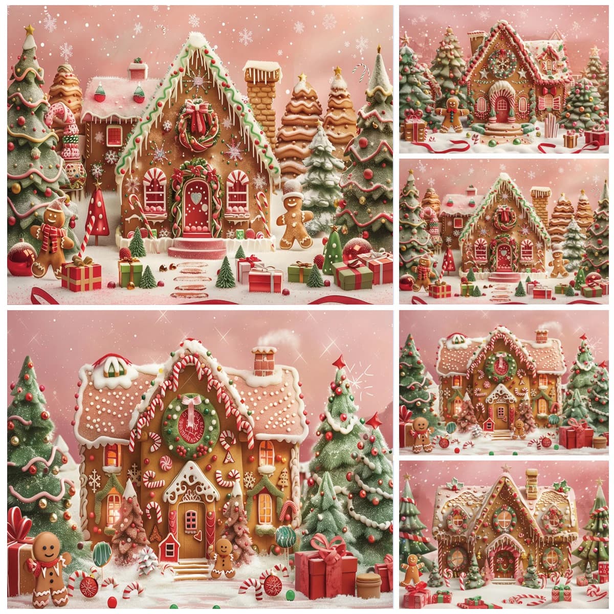 Pink Christmas Backgrounds for Photographs Cookie House Christmas Tree Gift Girls Birthday Decorations Backdrop Shooting Props