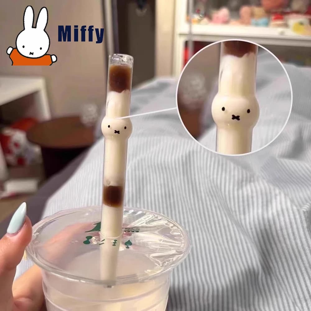 Kawaii Miffy Glass Transparent Rabbit Head Straw Cute Rabbit Large Caliber Straw Cartoon Bunny High Temperature Resistance Gift