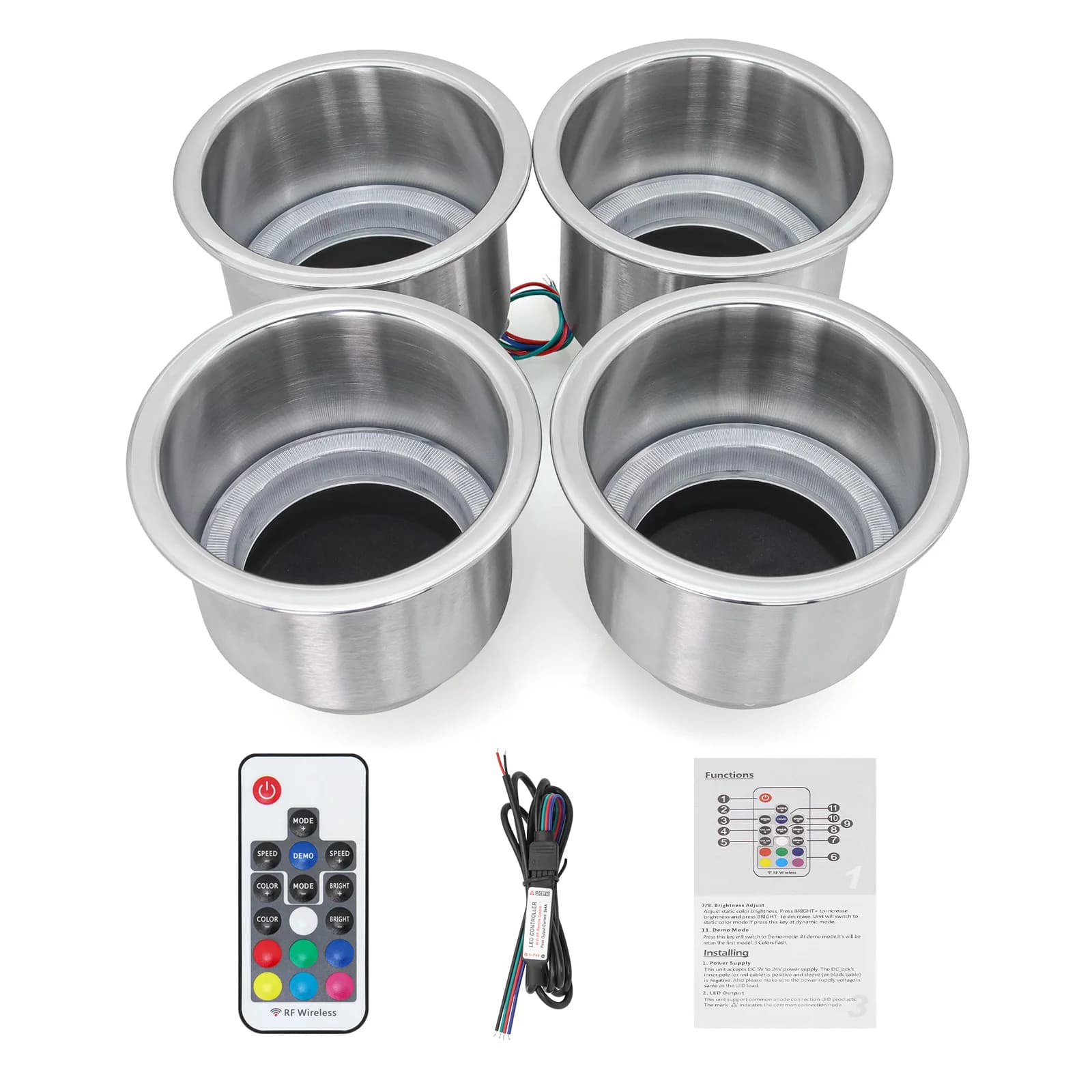 7 Colors with Remote Control 4Pcs Cup Drink Holder Boat Stainless Steel Recessed Cup Shape Drink Holder  Yacht RV Cup Holder