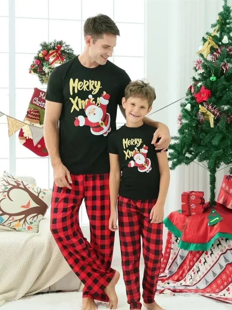 Merry Xmas Print Plaid Family Matching Pajamas Short Sleeve Tops+Long Pants 2 Pieces Suit Christmas Clothing Set Baby&amp