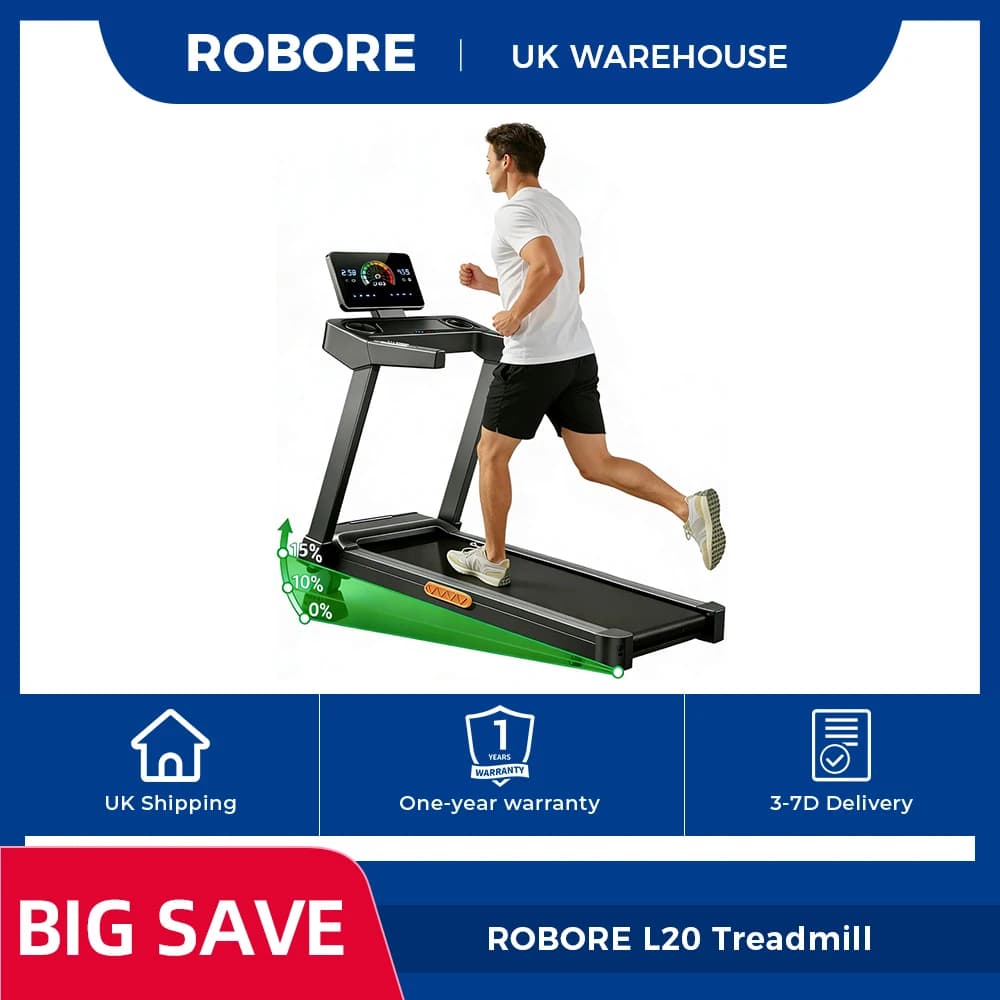 ROBORE L20 Treadmill 3.5HP Brushless Motor, 15% Adjustable Incline, 14km/h Speed, 180kg Load, LED Display & Heart Rate Handrails