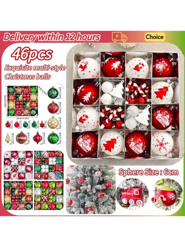 46PCS New Christmas Ball Decoration Set Crutches Snowflake Cartoon Painted Christmas Ball Pendant Christmas Tree Decoration Ball