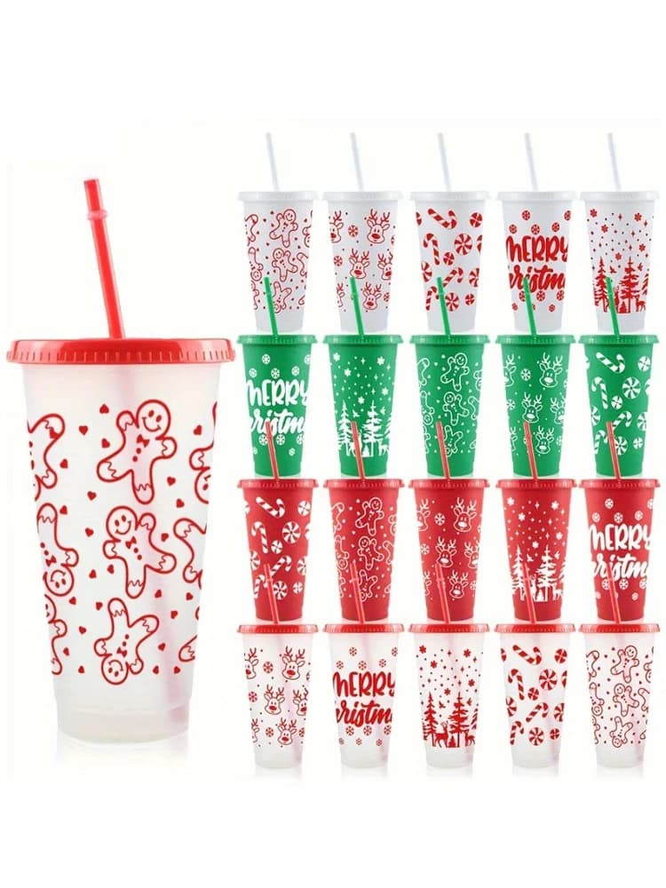 New Christmas Plastic Cup 710ML PP Straw Cup With Lid Reusable 24OZ Water Bottle Juice Iced Coffee Milk Cups for Santa Parties