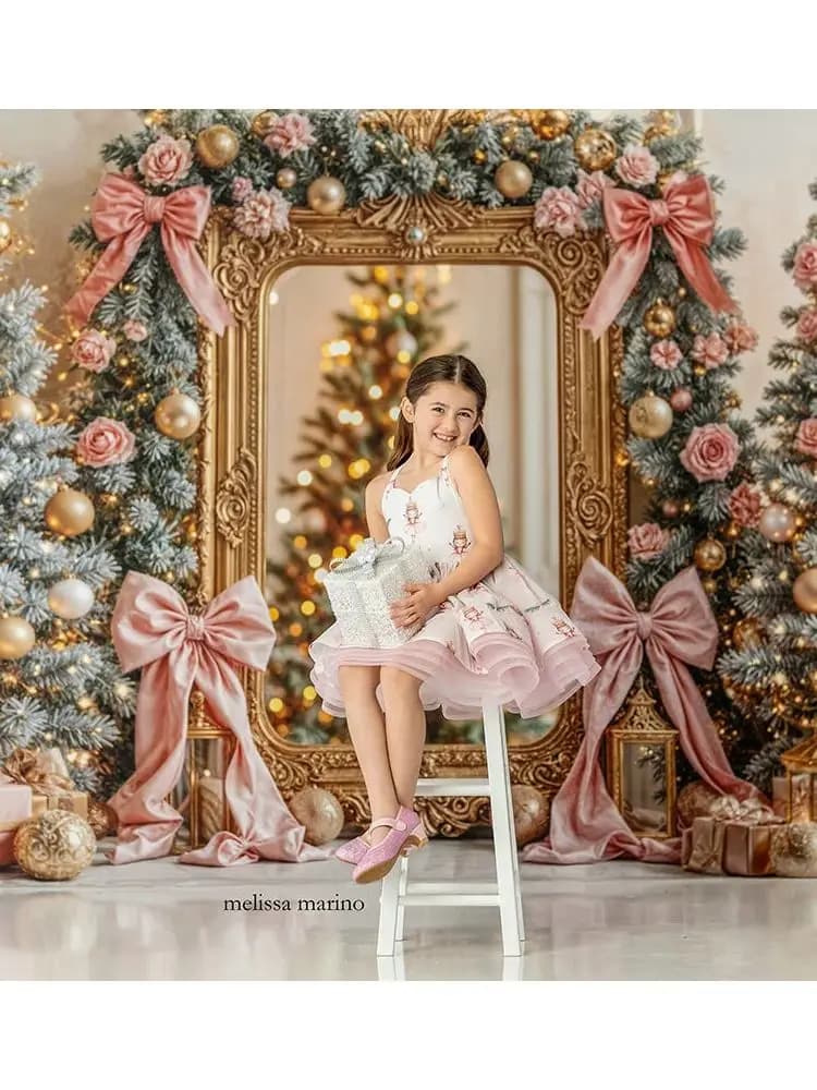 Christmas Blush Gold Gilded Frame Backdrops Kids Adult Photography Props Child Baby Photocall Pink Bowknots Backgrounds