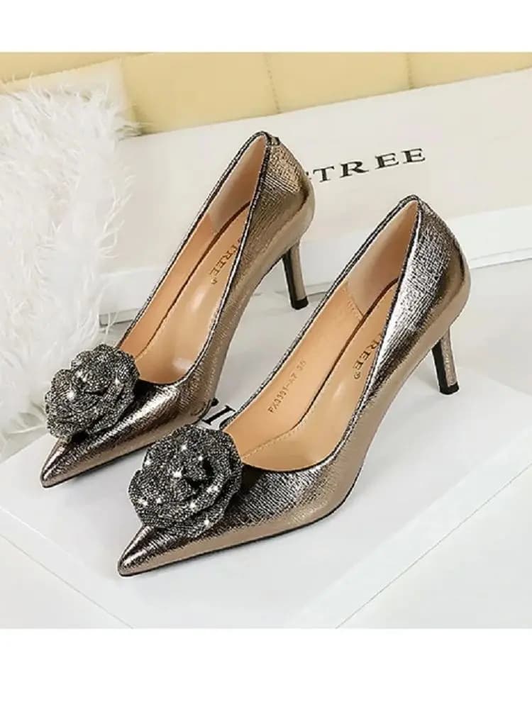 BIGTREE Spring Autumn Flower CRYSTAL Women Pumps Elegant Party Thin Heels Pointed Toe Shoes Zapatos Mujer