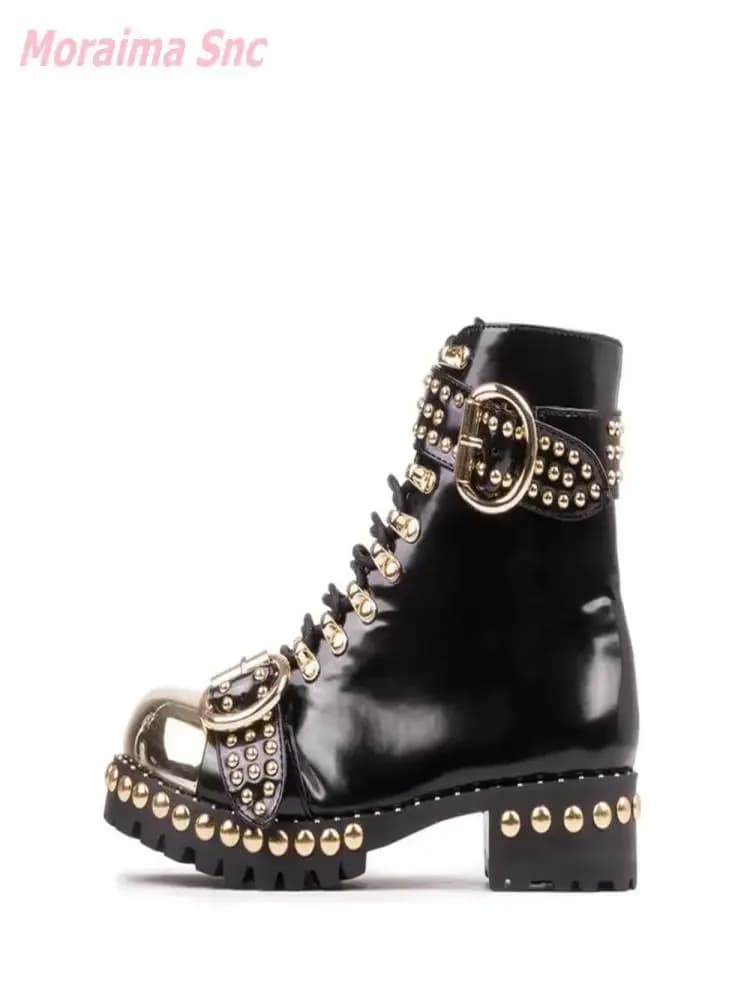 Metal Round Toe Women Cool Boots Rivet Belt Buckle Punk Side Zip Mid-Calf Fashion Novelty Rivet Square Heel Comfortable Hot Sale