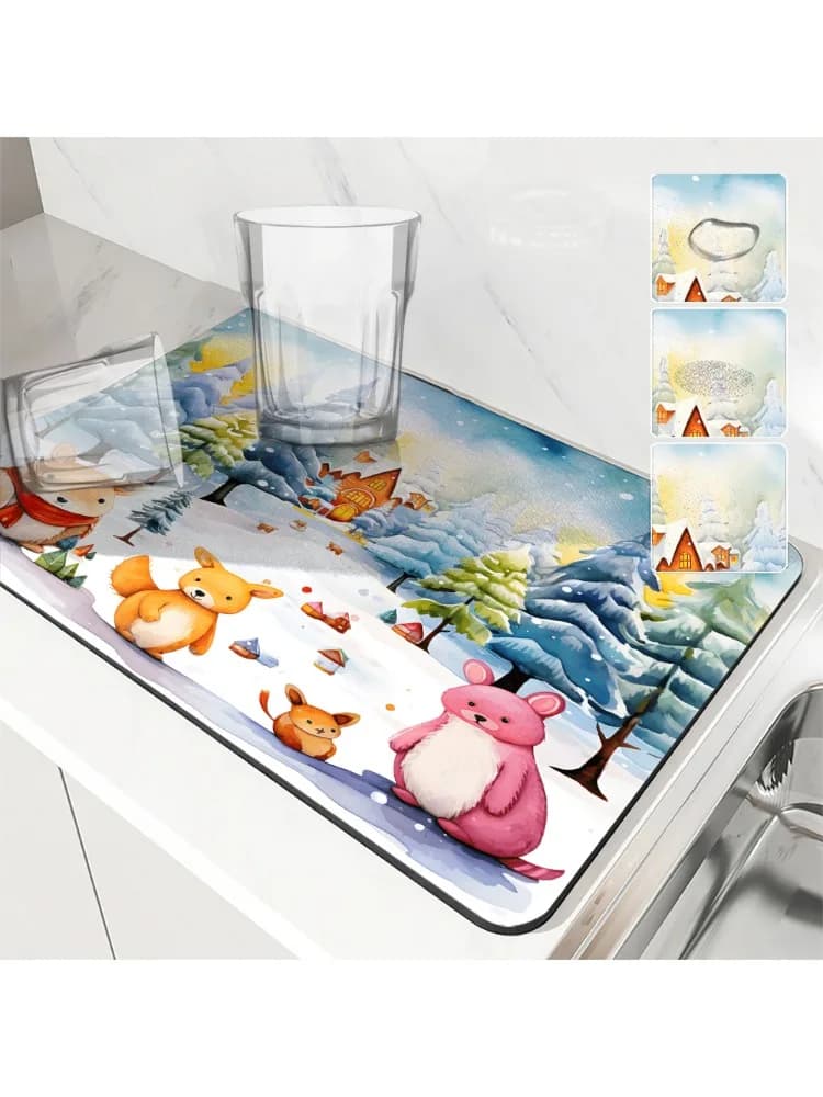Absorbent Mat Cartoon Watercolor Christmas Animals Kitchen Antiskid Drying Mat Quick Dry Bathroom Drain Pad Tableware Mat