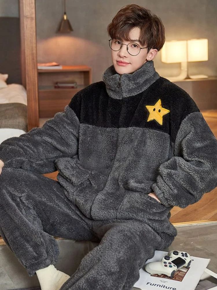 Pajamas Male  Coral Fleece Autumn and Winter Intensification Fleecing Teenager Pupil Flannel Warm Loungewear Set Men Pajamas