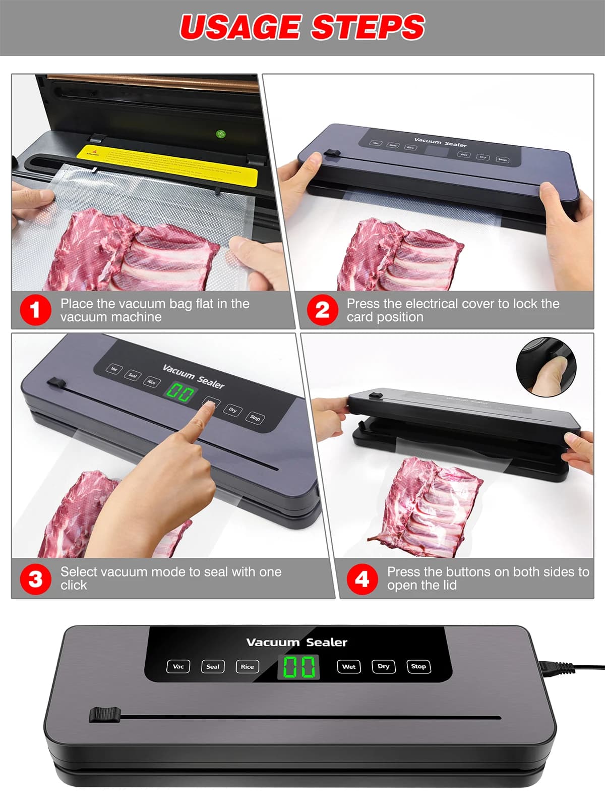 Vacuum Sealer, Automatic Food Vacuum Sealer, 5 Modes, with 10 Sealing Pockets and Built-in Cutter for Sealing of Wet and Dry Food