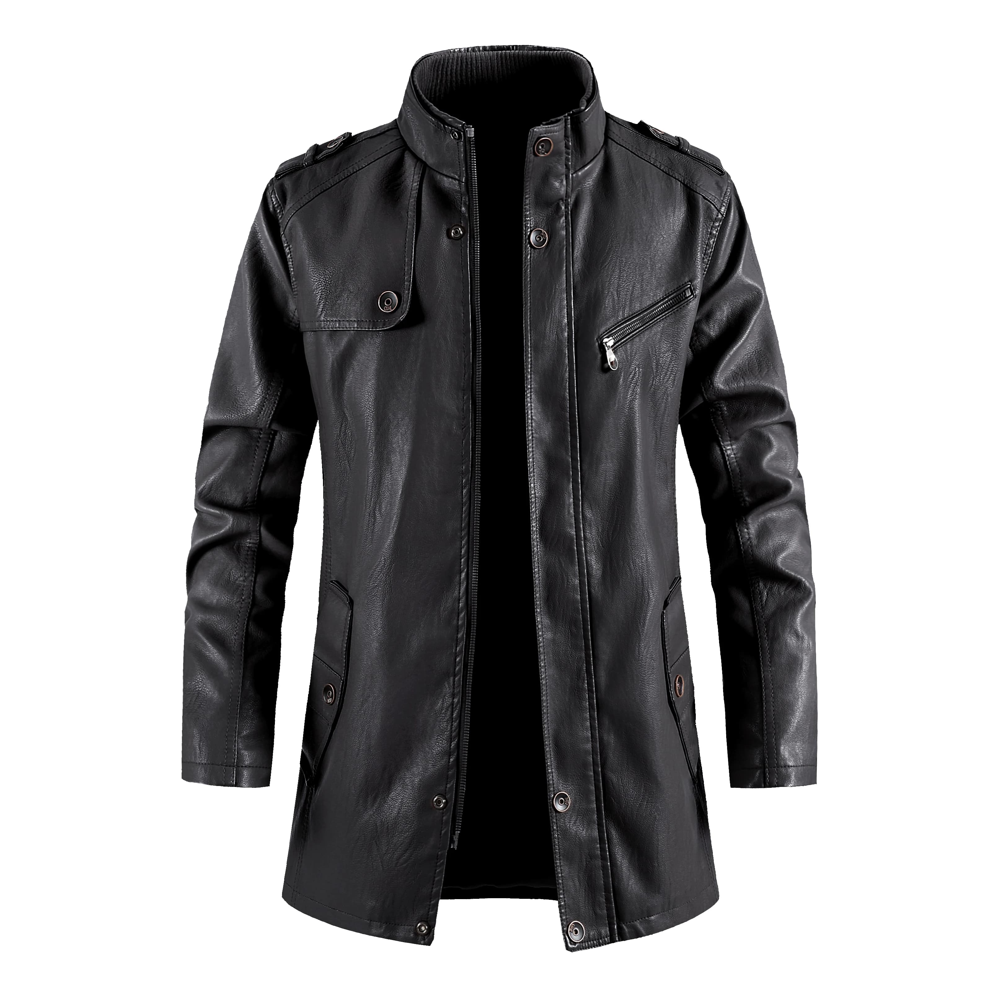New Winter Long PU Leather Jackets Men Stand Collar Windbreaker Faux Outerwear Motorcycle Casual Warm Leather Coats Man Clothing