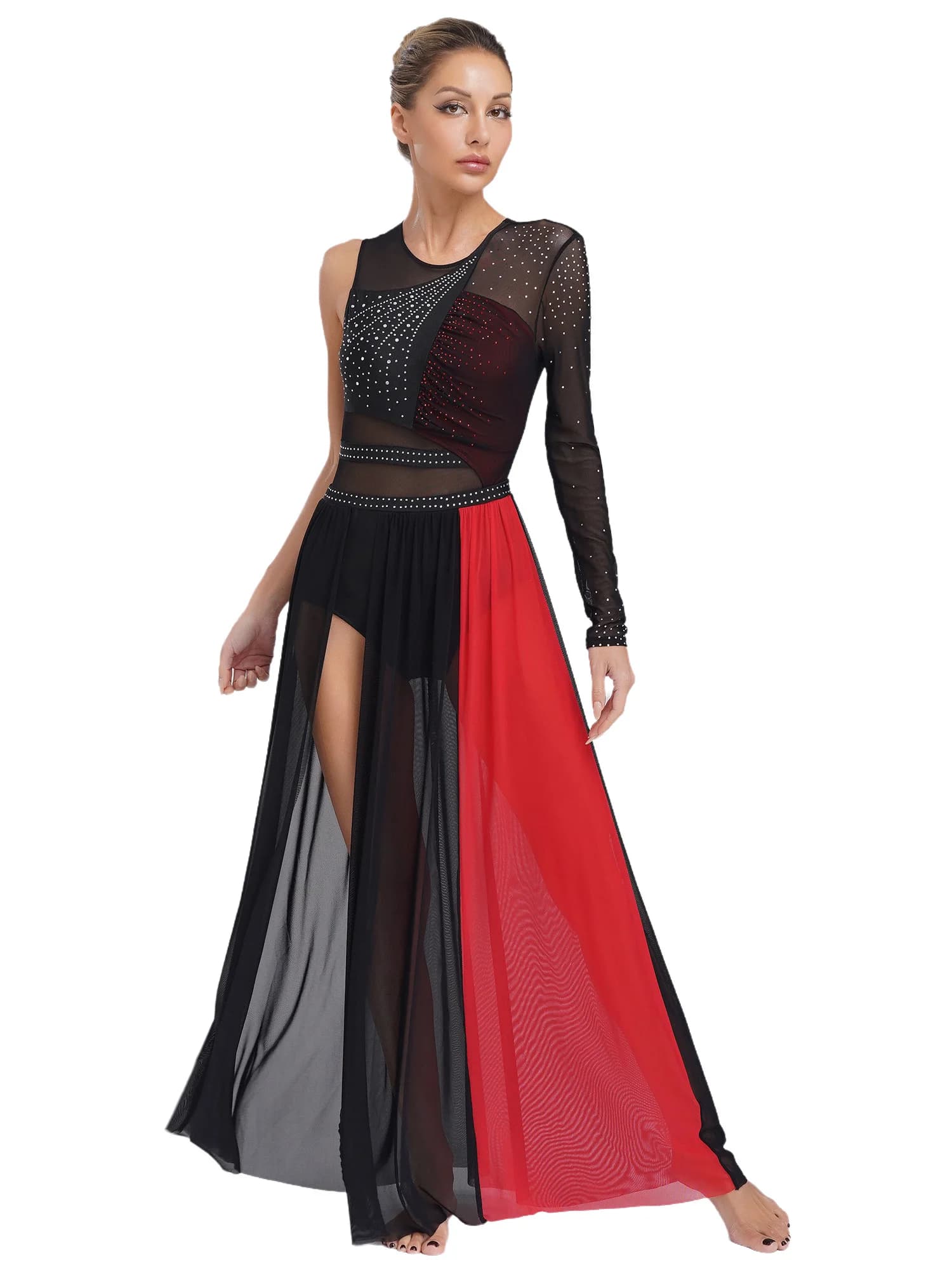 Lyrical Dance Dress for Women Shiny Rhinestones Side Split Sheer Mesh Color Block Patchwork Leotard Dress Modern Ballet Dress