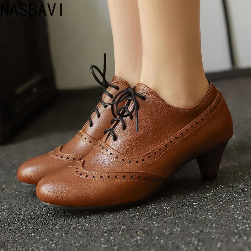 NASBAVI 2025 CAT Mature Female Pumps Round Toe Lace Up Small Heels 5cm Leisure Daily Shallow Women Shoes Large Size 48 50 Spring