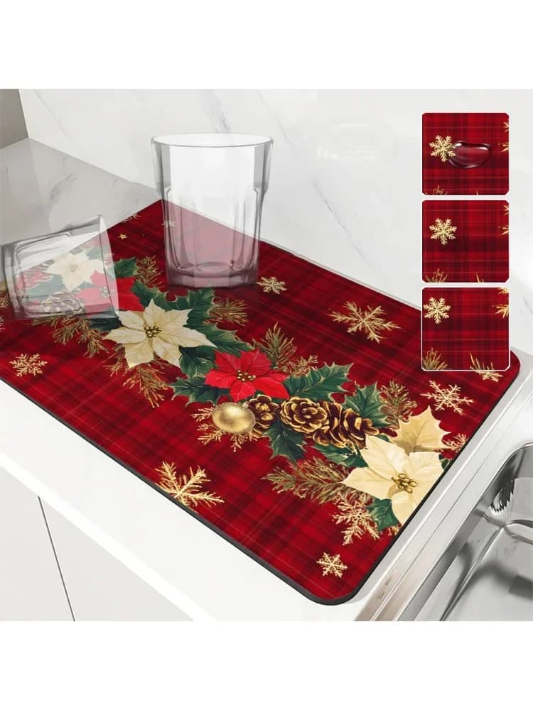 Antiskid Kitchen Absorbent Draining Mat Christmas Poinsettia Super  Draining Coffee Dish Drying Mat Quick Dry Bathroom Drain Pad