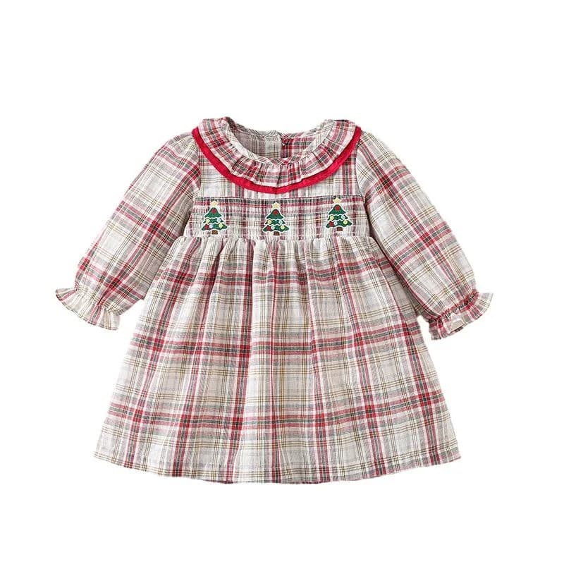 Girls Plaid Long Sleeve Dress Red Plaid Christmas Party Princess Embroidery Ruffled Toddler Outfit Holiday Photoshoot Dresses