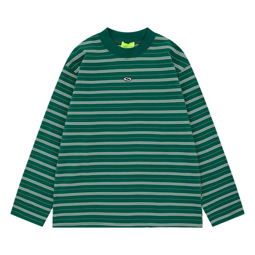 Striped Long Sleeve T-shirt Mens Embroidery Autumn Retro Casual Loose Crew Neck Cotton Tee Man Tshirt