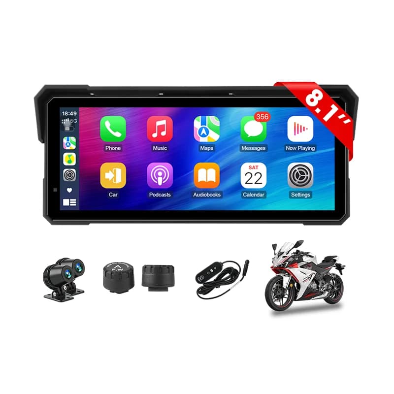 8.1 Inch Motorcycle Waterproof Wireless Carplay Android Auto 4K 1080P Dual Camera Portable Navigation GPS Screen Display Dual BT