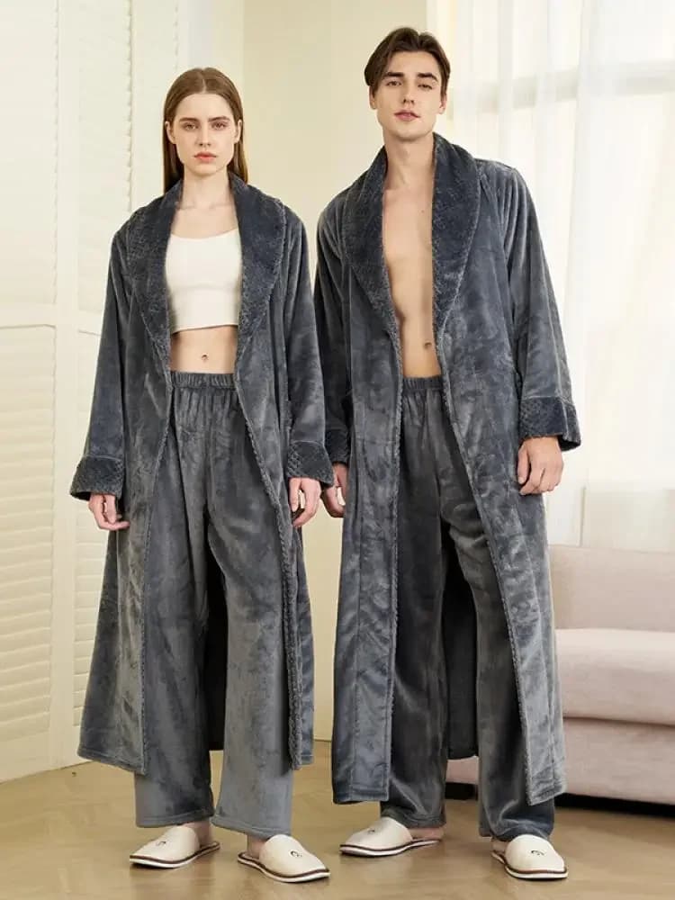 Autumn Winter Couple Sleepwear Home Clothing Thicken Flannel Long Robe Pajama Set Kimono Gown Bathrobe Coral Fleece Loingewear