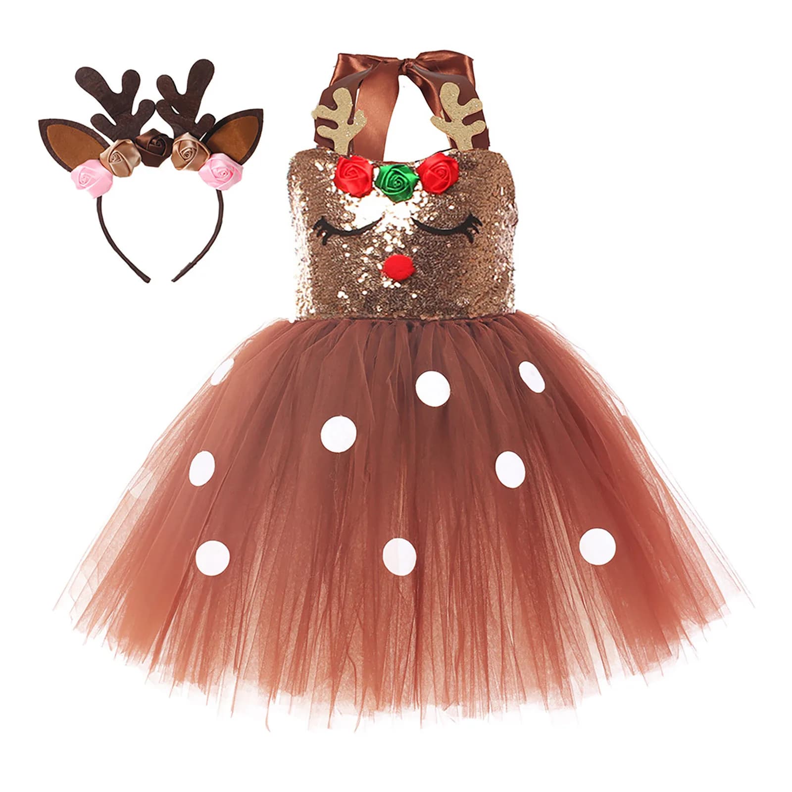 Brown Sequin Deer Costumes for Girls Christmas Princess Dresses Kids Reindeer Cosplay Outfit Children New Year Clothes Xmas Gift