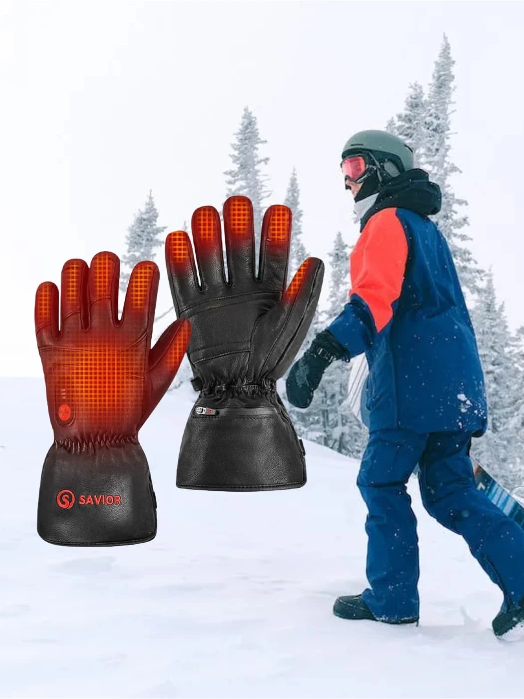 SAVIOR HEAT Electric Heated Leather Gloves Rechargeable Battery Waterproof Heated Gloves for Men Women Cycling Ski Thermal Warm