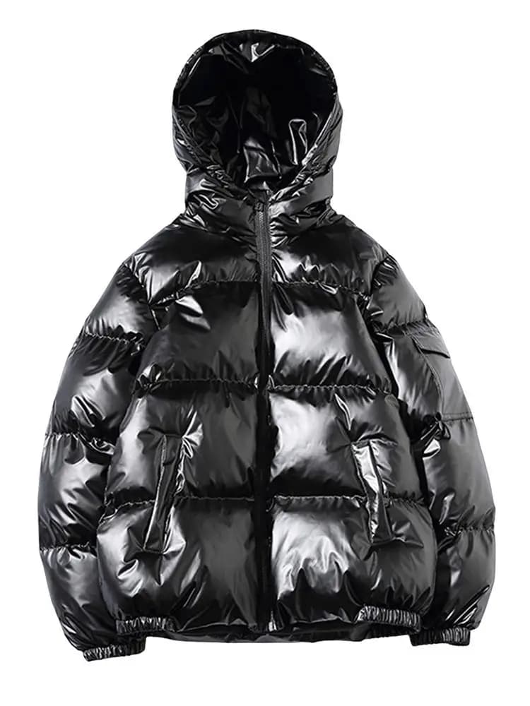 Winter Parkas Men Cotton Coat Hooded Long Sleeve High Gloss Surface Quilted Jacket with Pockets Loose Fit Thickened Warm Short