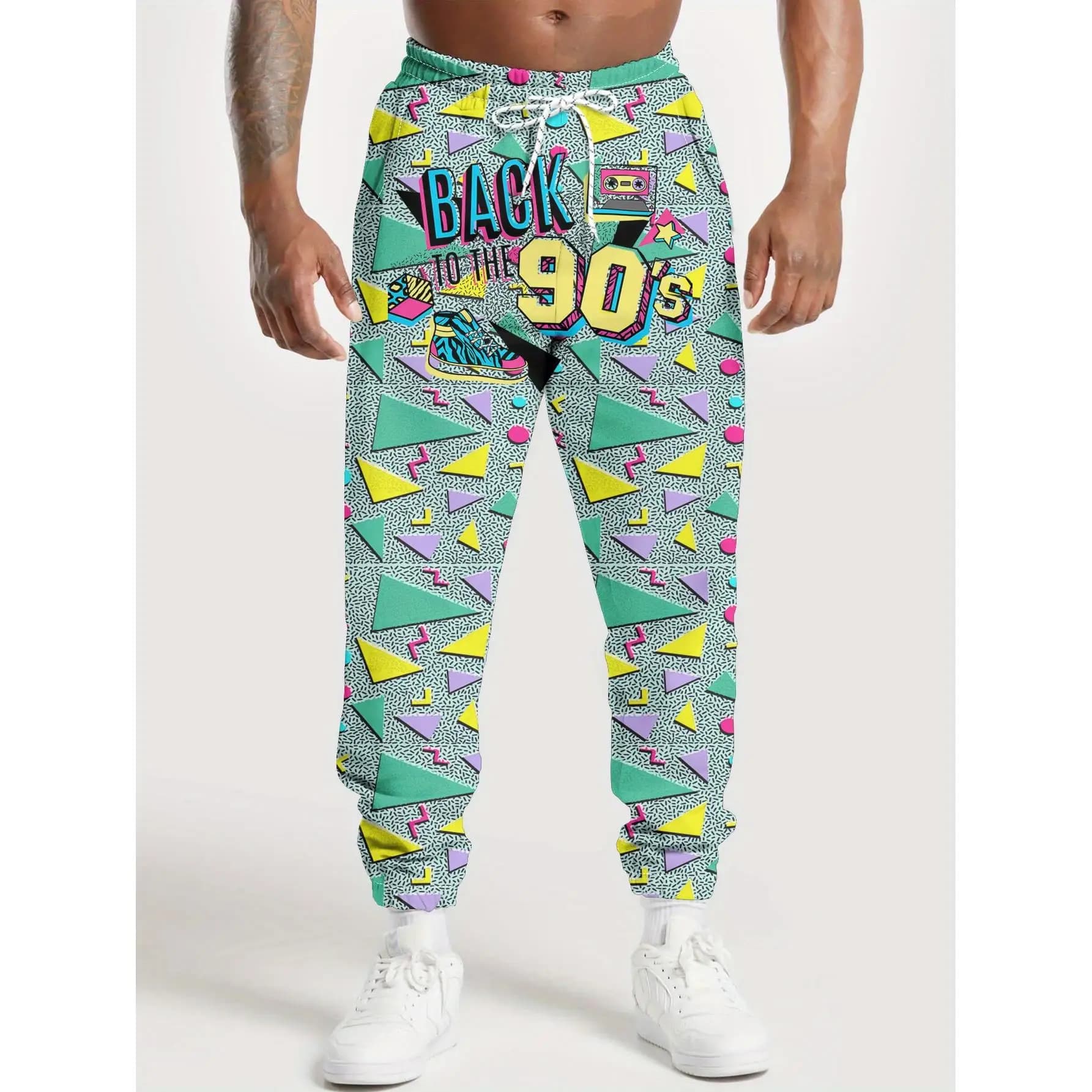 Retro 80s 90s Printed Pants Street Pants Men's Side Pockets Elastic Drawstring Sweatpants Joggers Pants for Men Casual Trousers