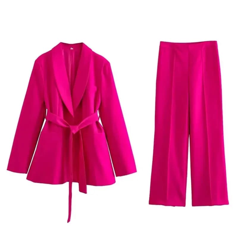 2023 Women Pants Suit Long Sleeve With Belt Blazer Coat + High Waist Baggy Pants Female Casual Loose Office Lady Street