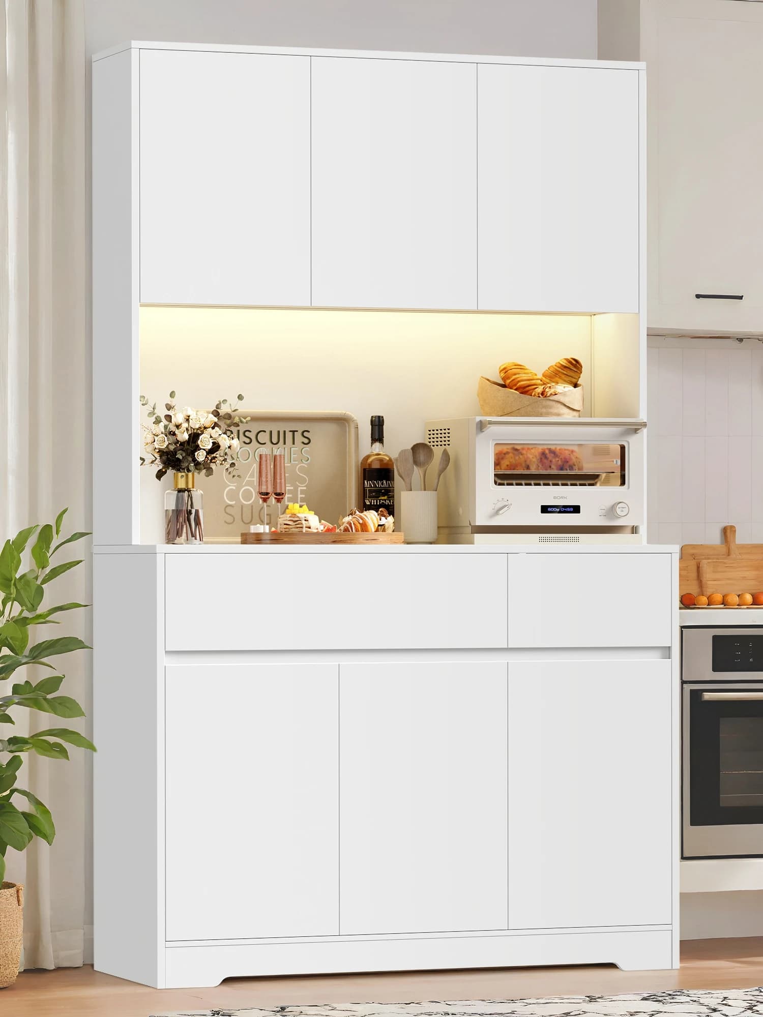 Getone Tall Cabinet Kitchen 180cm Cupboard Sideboard with LED, Power Outlet, Sideboard Storage Cabinet with 6 Doors and 2 Drawers Adjustable Shelves