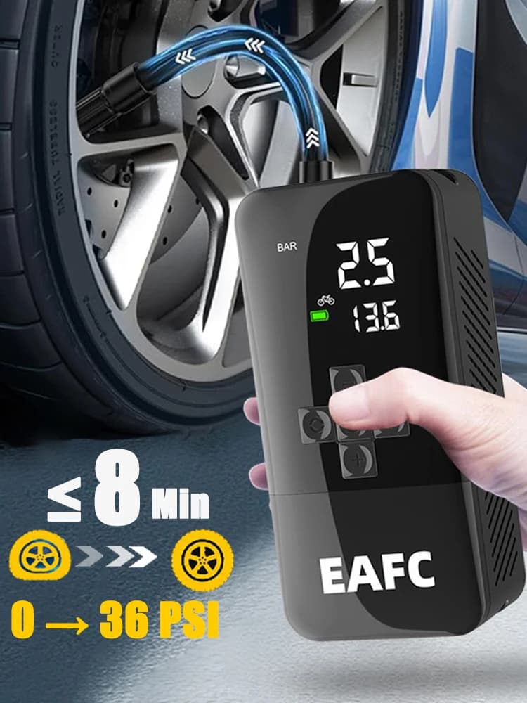 EAFC Rechargeable Car Air Pump Tire Inflator Portable Compressor Digital Car Tyre Inflator For Motocy BicycleBalls Built-In Hose