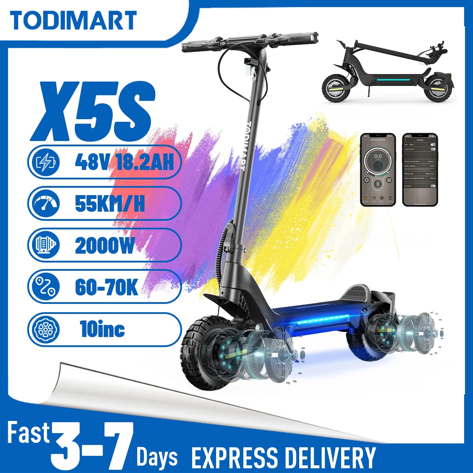 X5S Adult Electric Scooter 1000W*2 Motor 48V18.2 AH Battery Off-Road Escooter 10" Off-Road Tire Foldable E-Scooter