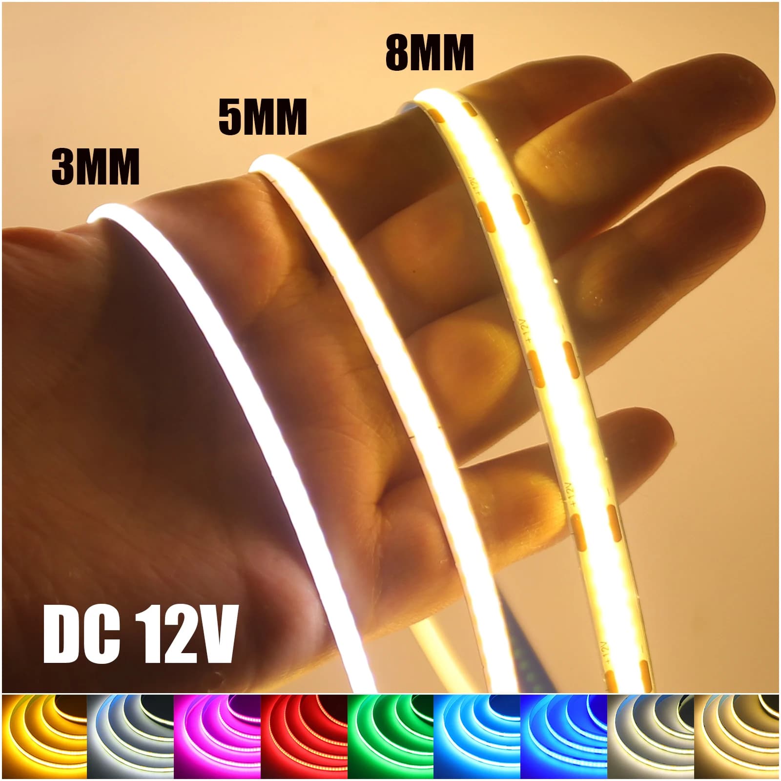 DC 12V COB LED Strip Light for Home Decor 3MM 5MM 8MM 0.5-5M 9 Color White/Red/Blue/Pink/Green Flexible Ribbon TV Backlight Rope