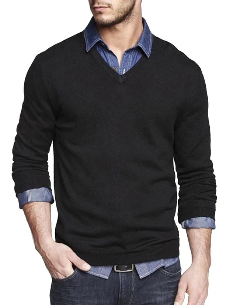 Men's Long Sleeve V Neck Pullover Sweater Slim Fit Knit Sweaters Lightweight Dress Casual Sweater Business Solid Color Outwear