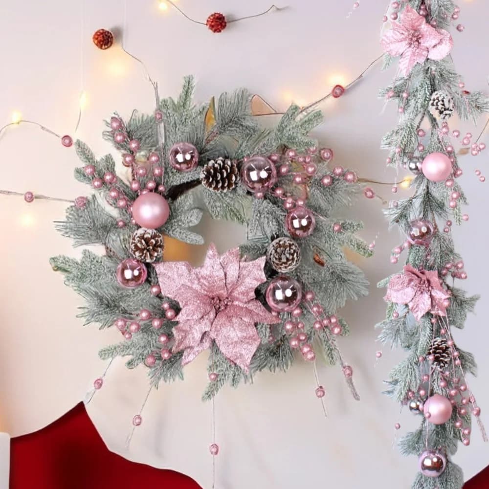 Hot Pink Christmas Wreath Decor with Balls Artificial Plant Rattan Garland Christmas Rattan Hanging Ornament for Home Decor