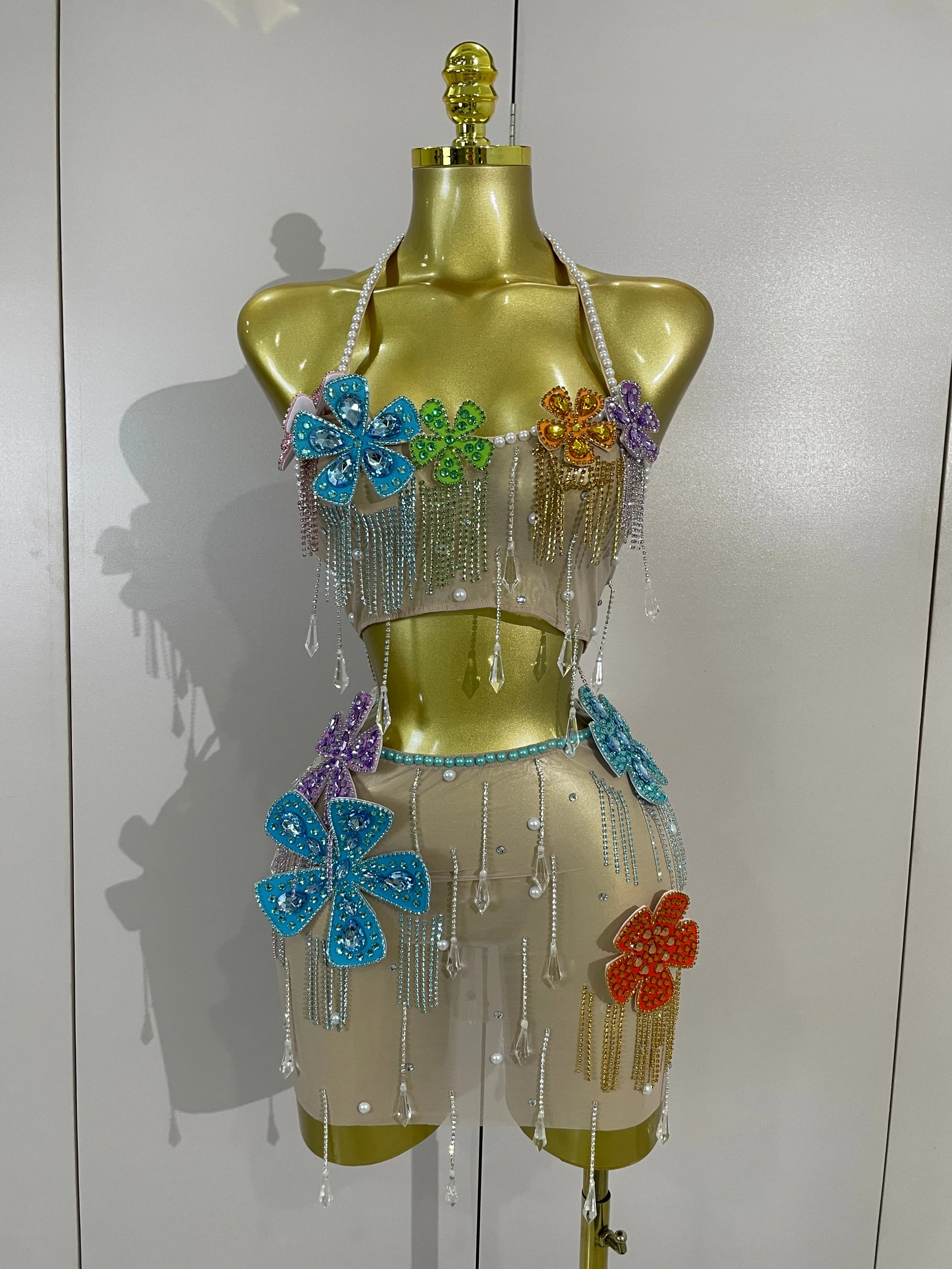 Sparkly Colorful Diamond Chain Pearl Transparent Top Mini Skirt Two Pieces Set Sexy Evening Party Birthday Photoshoot Stage Wear