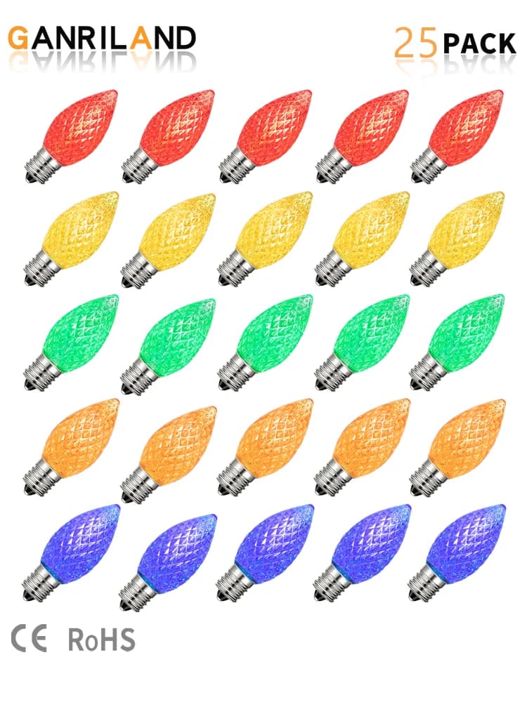 25PCS Shatterproo Faceted Candle Color Light Bulbs C7 Plastic Waterproof E12 Candelabra Base RGB Christmas Tree Decor LED Bulb