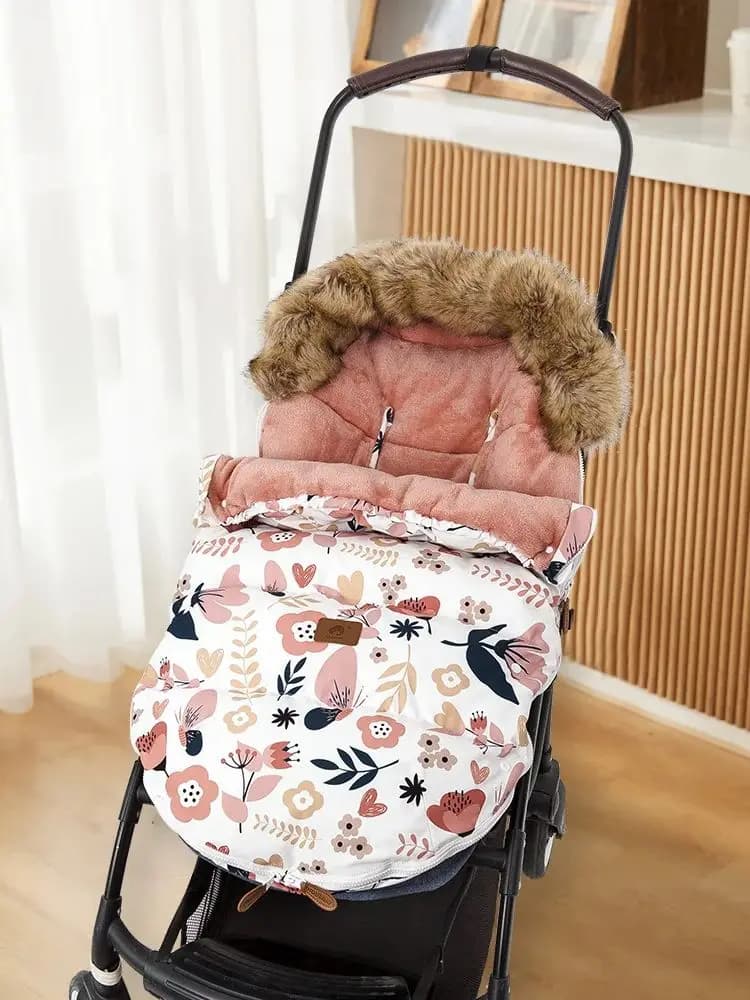 Baby Footmuff In Stroller Windproof Fur Collar Winter Warm Universal Pram Envelope Pretty Flowers Print For Girls 0-24 Months