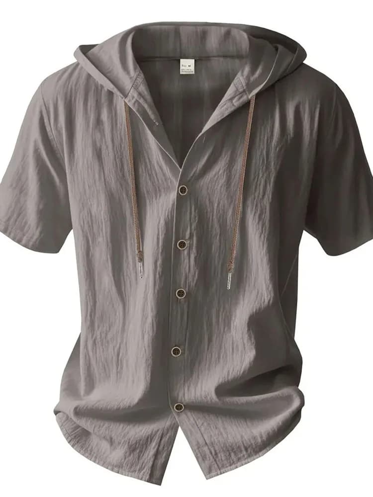 Cotton Linen Shirt for Men Hooded Short Sleeve Solid Color Breathable Lightweight Drawstring Design Shirts Casual Basic Tees