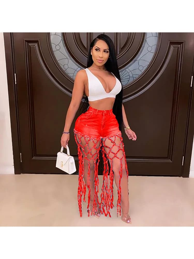 High Waist Denim Shorts Women Tassels Short Jeans Splice Button Pockets Strwwtear Shorts Hot Pant Solid Lady Summer Beach