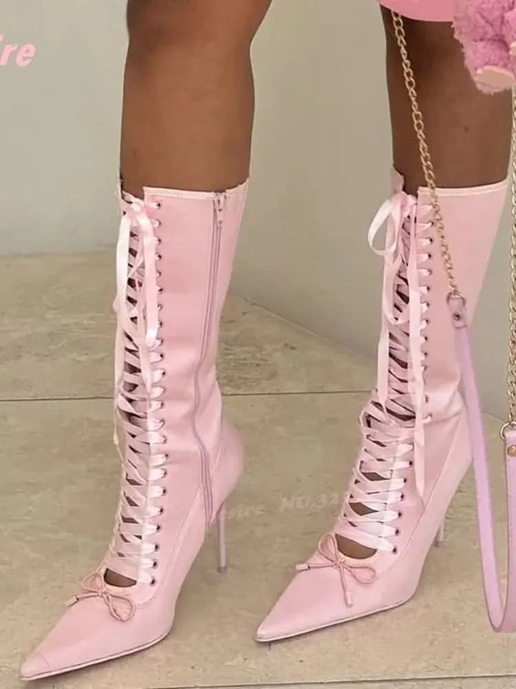 Pink Satin Lace-Up Knee High Boots Pointy Toe Patchwork Stiletto Heels Winter Boots for Women Side Zipper Bows Lolita Shoes